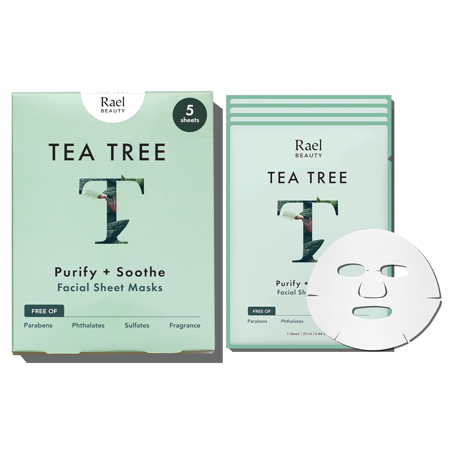 Rael Face Mask Skin Care, Tea Tree Face Masks - Bamboo Facial Sheet Mask with Tea Tree Oil and Fruit Extracts, All Skin Types (Tea Tree, 5 Sheets)