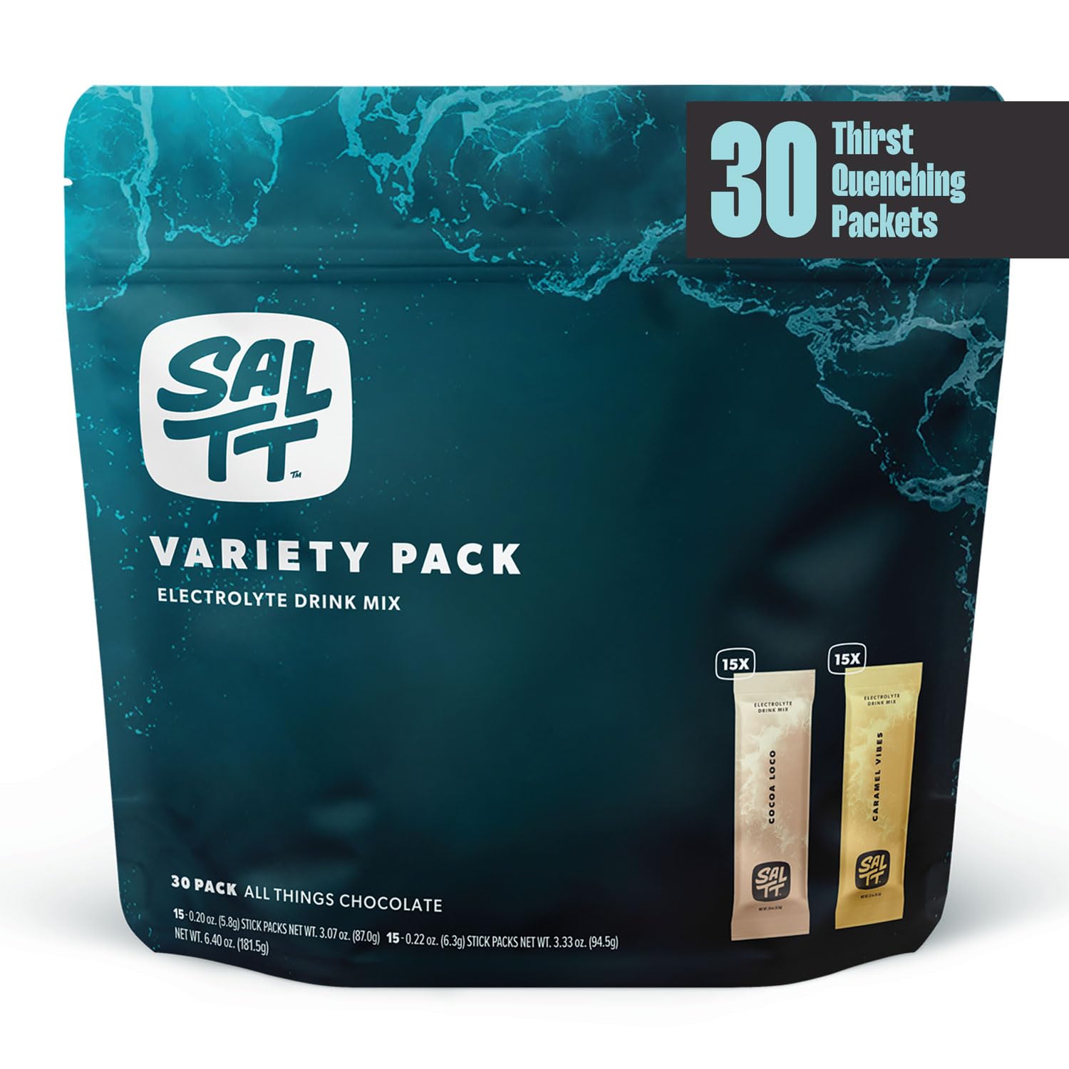 Saltt Electrolytes Powder Flavored Drink Mix - All Things Chocolate - 30 Hydration Packets - Magnesium, Potassium, Sodium, Trace Minerals - Zero Sugar & Gluten Free - Travel Essentials - By Keto Chow