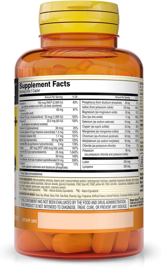 Mason Natural Vitrum 50 + Adult-Multi, Iron Free - Vitamins A C D E K B, Folate, Calcium, Iron, Zinc, Potassium, Magnesium, 100 Tablets
