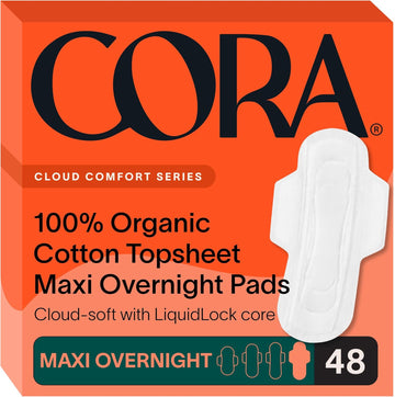 Cora 100% Organic Cotton Topsheet Maxi Pads | Ultra Thin Period Pads With Wings | Maxi Overnight Absorbency | Unscented, Comfortable, Powerfully Absorbent, Leak Protection (48 Count)