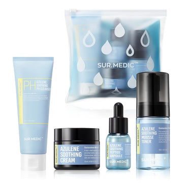 Surmedic Azulene Soothing Trial Kit, Korean Skincare, Airplane-Friendly Travel Size Mini Set, Facitl Kit Gift For Women With Moisturizer, Cleanser, Toner, Ampoule, Cream