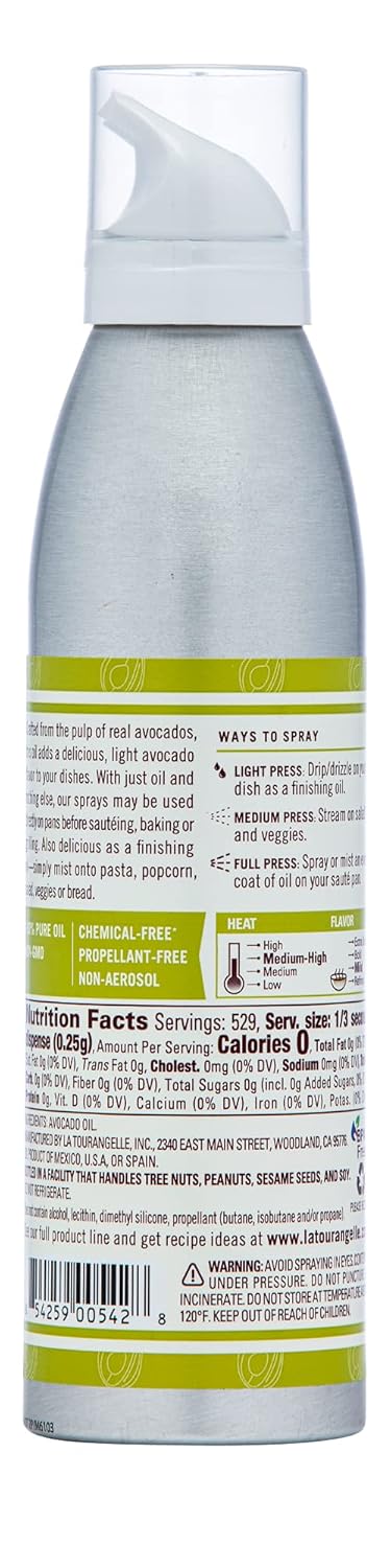 La Tourangelle, Avocado Oil Spray, All-Natural Handcrafted From Premium Avocados, Great For Cooking, Butter Substitute, And Skin And Hair Care, Spray Cooking And Grilling Oil, 5 Fl Oz