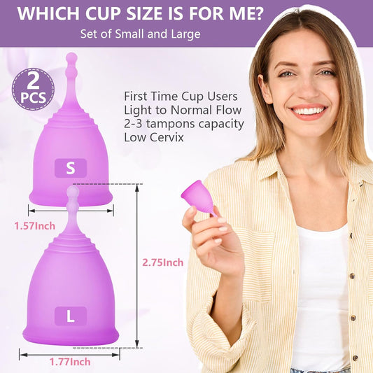 AURUZA Menstrual Cups, Set of 2 Reusable Period Cups Kit for Girls & Women, Silicone Soft Cups Menstrual Organic Cups, Medical-Grade Silicone + 1 Storage Bag (2 Purple ?1 Large + 1 Small?)