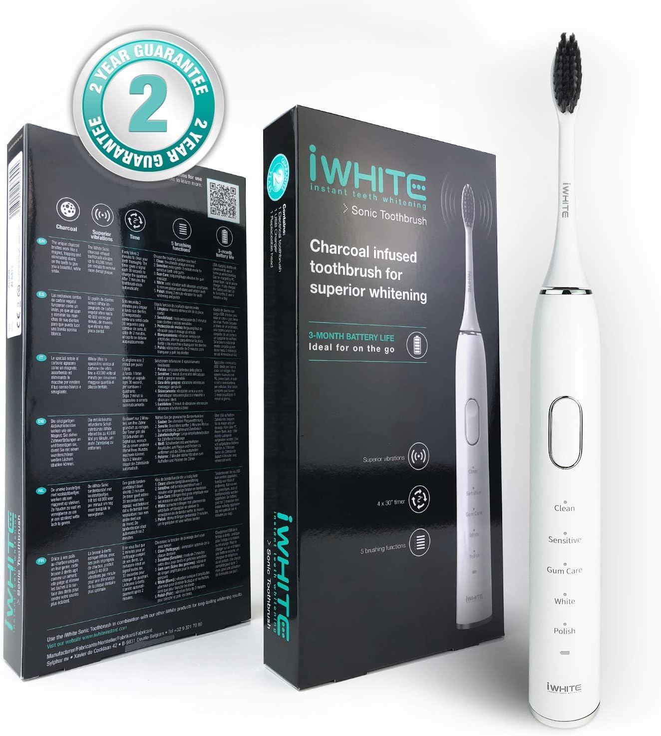 iWhite Sonic Electric Toothbrush - Rechargeable Electric Toothbrush for Adults - 5 Modes with 40000 VPM - One Charge Lasts for 3 Months - Charcoal Infused Bristles for Teeth Whitening - USB Charger : Amazon.co.uk: Health & Personal Care