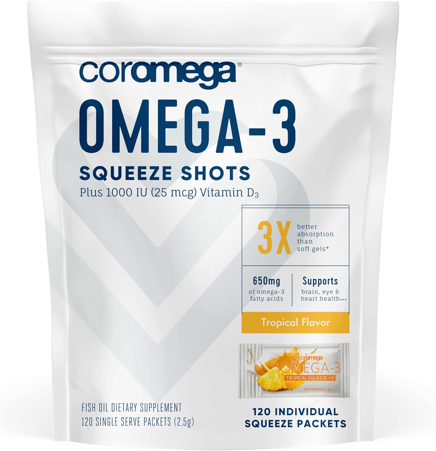 Coromega Omega 3 Fish Oil Supplement + Additional Vitamin D3, 650mg of