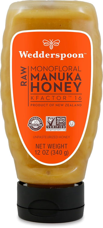 Wedderspoon Raw Premium Manuka Honey, Kfactor 16, 12 Oz, Unpasteurized, Genuine New Zealand Honey, Multi-Functional, Non-Gmo Superfood, Traceable From Our Hives To Your Home, Convenient Squeeze Bottle