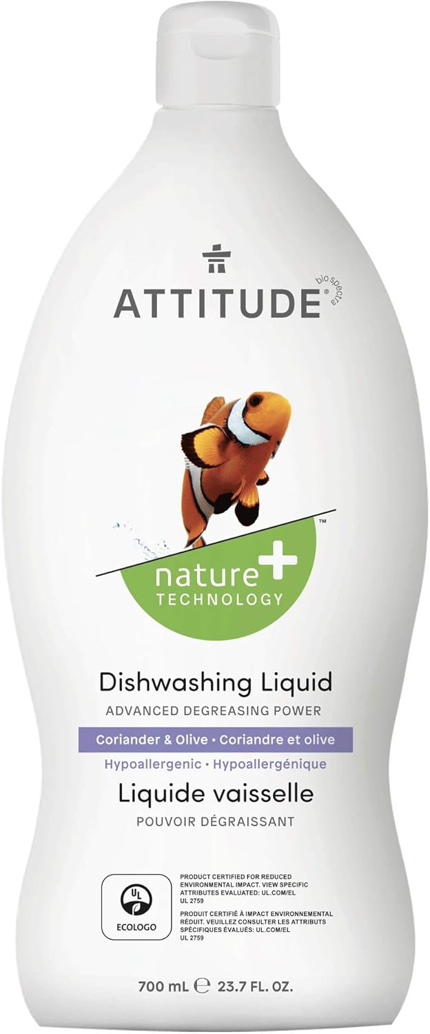 Attitude Dishwashing Liquid, Ewg Verified, Vegan Dish Soap, Plant Based, Naturally Derived Products, Olive And Coriander, 23.7 Fl Oz