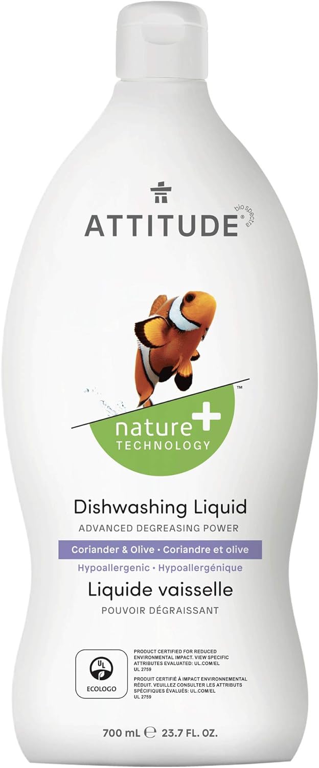 ATTITUDE Dishwashing Liquid, EWG Verified, Vegan Dish Soap, Plant Based, Naturally Derived Products, Olive and Coriander, 23.7 Fl Oz