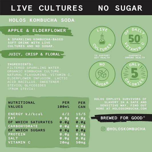 Holos Mixed Case Sparkling Kombucha Soda - 3X Each Raspberry & Lemon, Apple & Elderflower, Ginger & Turmeric, Pineapple & Mint - Sugar Free Gluten Free Live Culture Drink - 12 X 250Ml Kombucha Cans