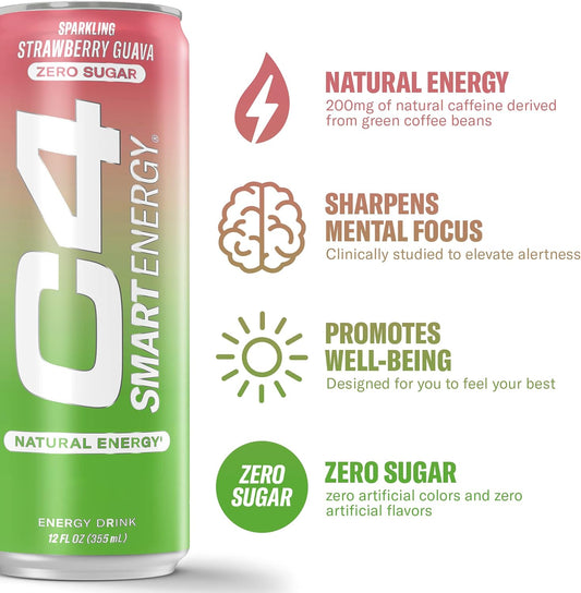 C4 Smart Energy Drink - Sugar Free Performance Fuel & Nootropic Brain Booster, Coffee Substitute Or Alternative | Strawberry Guava 12 Oz - 12 Pack