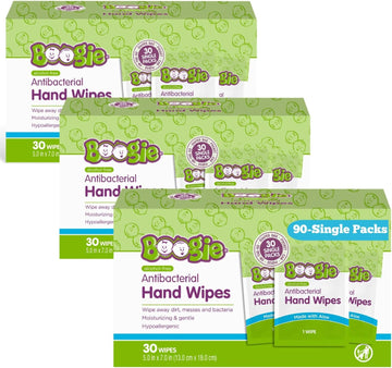 Boogie Antibacterial Hand Wipes, Alcohol Free, Hypoallergenic And Moisturizing Aloe, Hand Wipes For Kids And Adults, Single Packs, 30 Wipes (Pack Of 3)