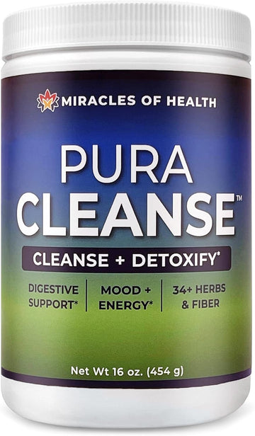 Pura Cleanse - The Original & Authentic Formula | 100% Natural Super Herb & Fiber Drink Mix For A Healthy Gut | Daily Detox & Cleanse For The Colon, Skin, Lungs And Kidneys | 16 Oz