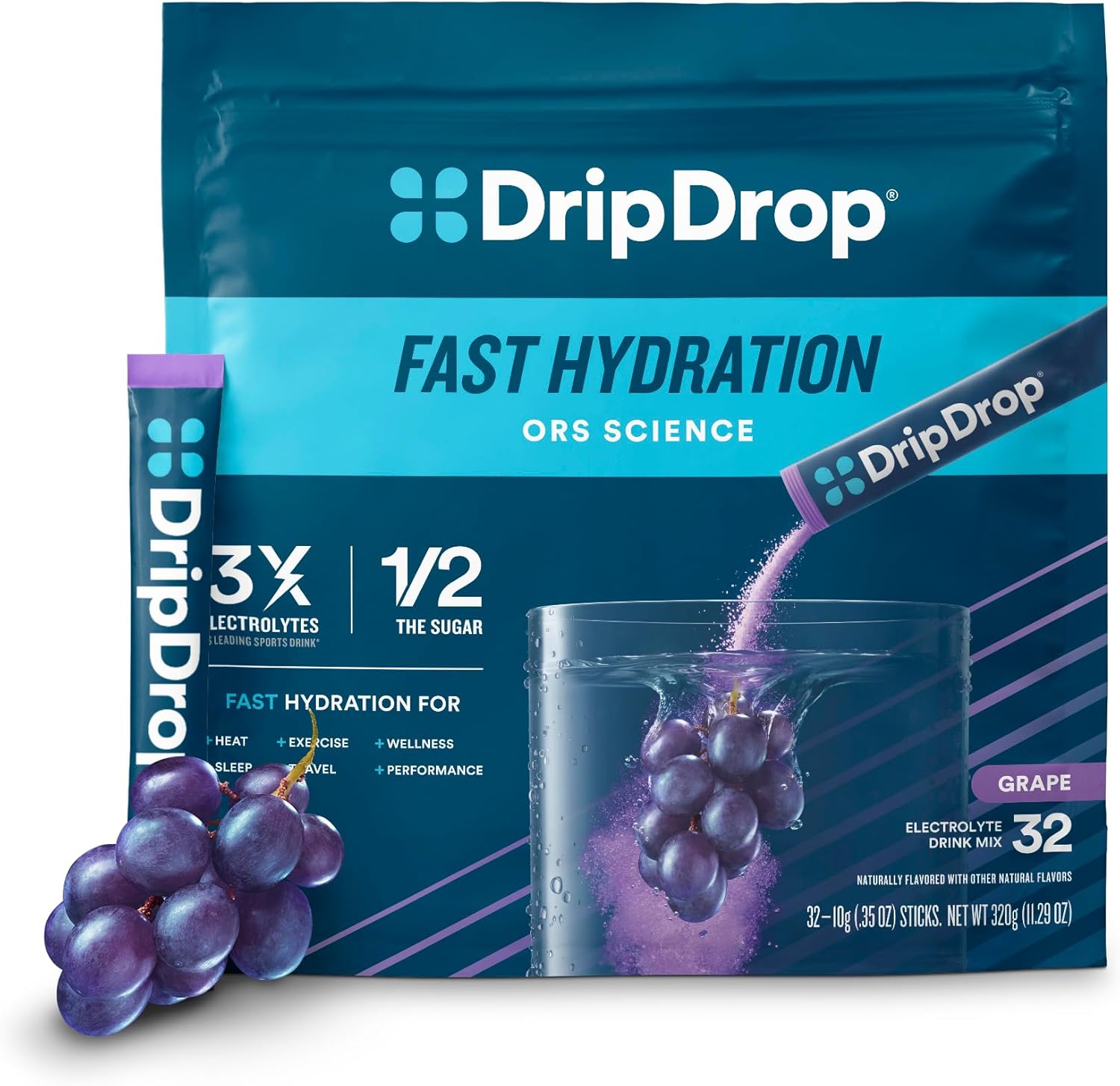 Dripdrop Hydration - Grape - Electrolyte Drink Mix Single Serve Hydration Powder Packets | Non-Gmo, Gluten Free, Vegan | 32 Sticks