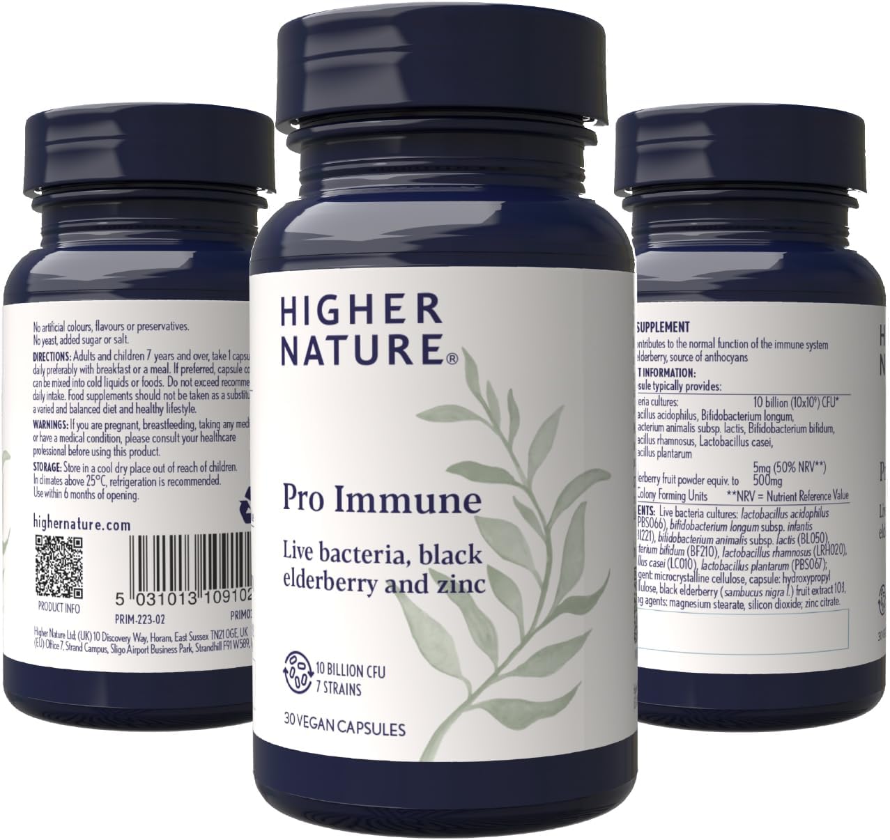Higher Nature - Pro Immune - Triple Action Immune Support Probiotic - Live Bacteria, Black Elderberry and Zinc - 7 Bacteria Strains - 10 Billion CFUs - Vegan Probiotics - 30 Capsules : Amazon.co.uk: Health & Personal Care