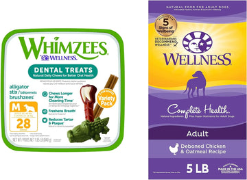 WHIMZEES by Wellness Dental Treats + Dry Dog Food Bundle: Longlasting Grain-Free Chews, Medium Size, 28 Count + Complete Health Dry Food with Wholesome Grains, Chicken & Oatmeal, 5 lb Bag