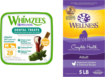 Whimzees By Wellness Dental Treats + Dry Dog Food Bundle: Longlasting Grain-Free Chews, Medium Size, 28 Count + Complete Health Dry Food With Wholesome Grains, Chicken & Oatmeal, 5 Lb Bag