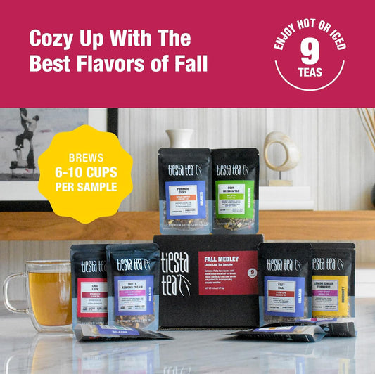 Tiesta Tea - 9 Fall Teas Sampler Dry Flight Set | Caffeine Free Hot & Iced Tea | Loose Leaf Tea Variety With Pumpkin Spice, Chamomile Mint, Lemon Zest, Cozy Chai, Earl Grey - 9 Resealable Sample Pouch