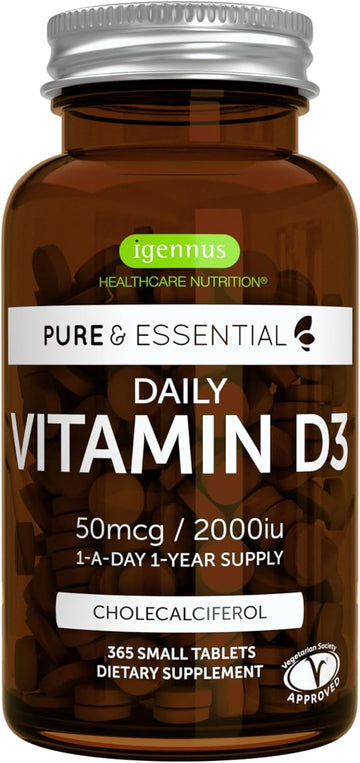 Pure & Essential Daily Vegetarian Vitamin D3 2000Iu, Cholecalciferol, 365 Small Tablets, 1-A-Day 1-Year Supply, By Igennus