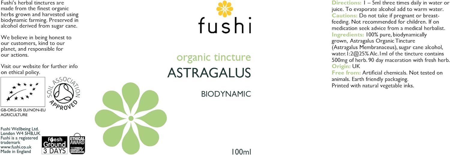 Fushi Organic Astragalus (Astragalus propinquus) Fresh Tincture 100ml | 1:2 @ 25%, Sugar Cane ALC.| Biodynamic | Ethical & Vegan | Made in The UK