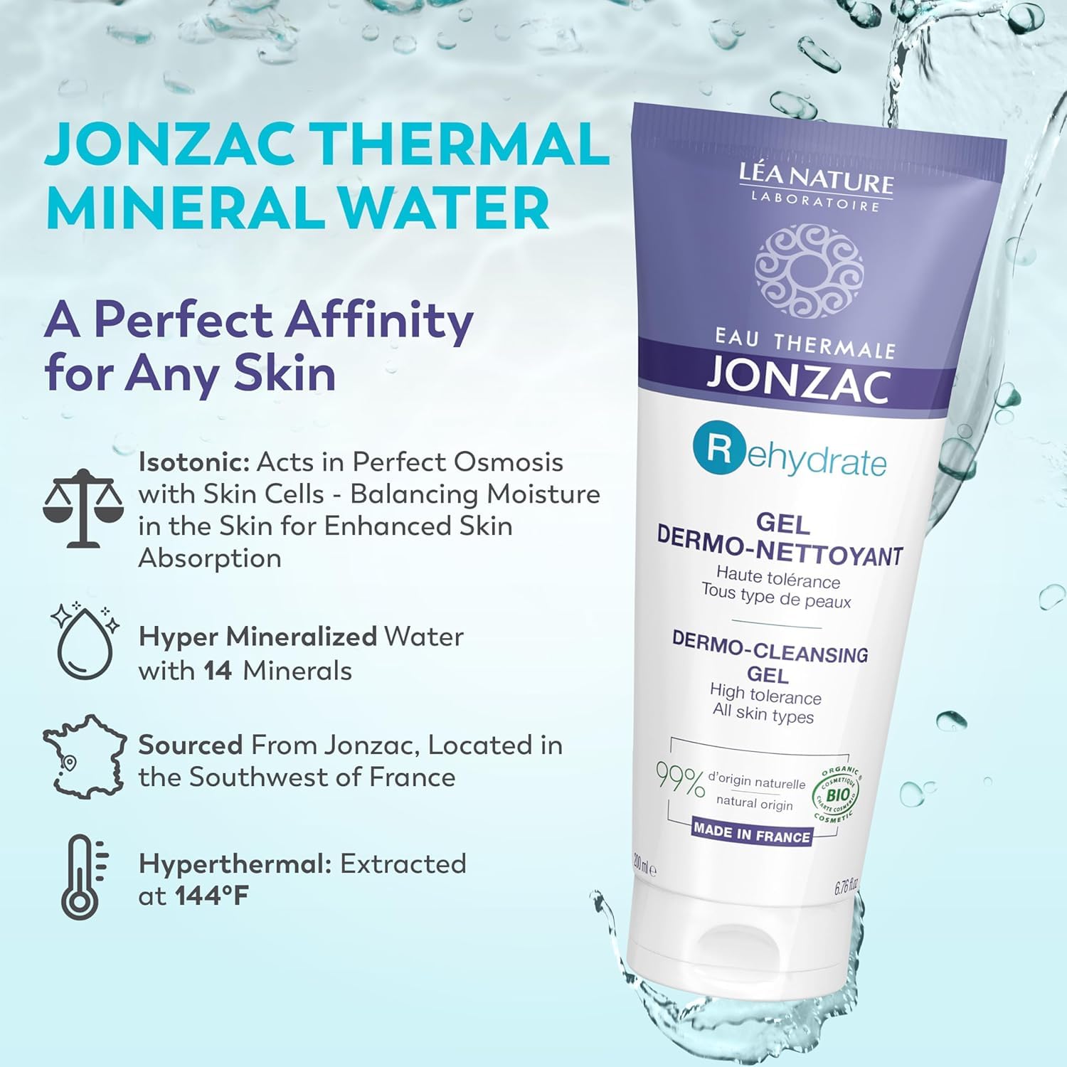 Eau Thermale Jonzac Rehydrate Organic Dermo Cleansing Gel - Gentle Daily Facial Cleanser - Sensitive Skin Approved - Leaves Skin Feeling Smooth & Hydrated - 6.75 Fl Oz : Beauty & Personal Care