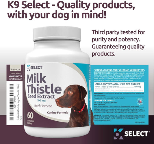 K9 Select Milk Thistle For Dogs, 100Mg - 60 Beef Flavored Tablets - Canine Liver Health Natural Milk Thistle Supplement - Liver Supplement - Liver Support Supplement - Milk Thistle Herbal Supplements