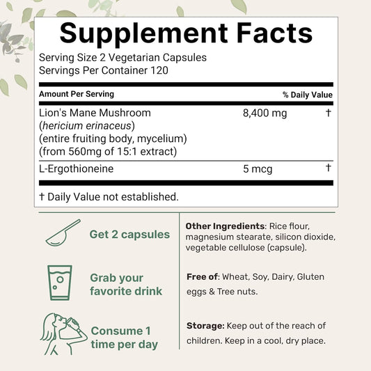 Lions Mane Supplement 8,400 Mg Equivalent | 240 Veggie Capsules With L-Ergothioneine | Superfood Mushroom Antioxidants For Healthy Aging & Cognitive Support | Non-Gmo