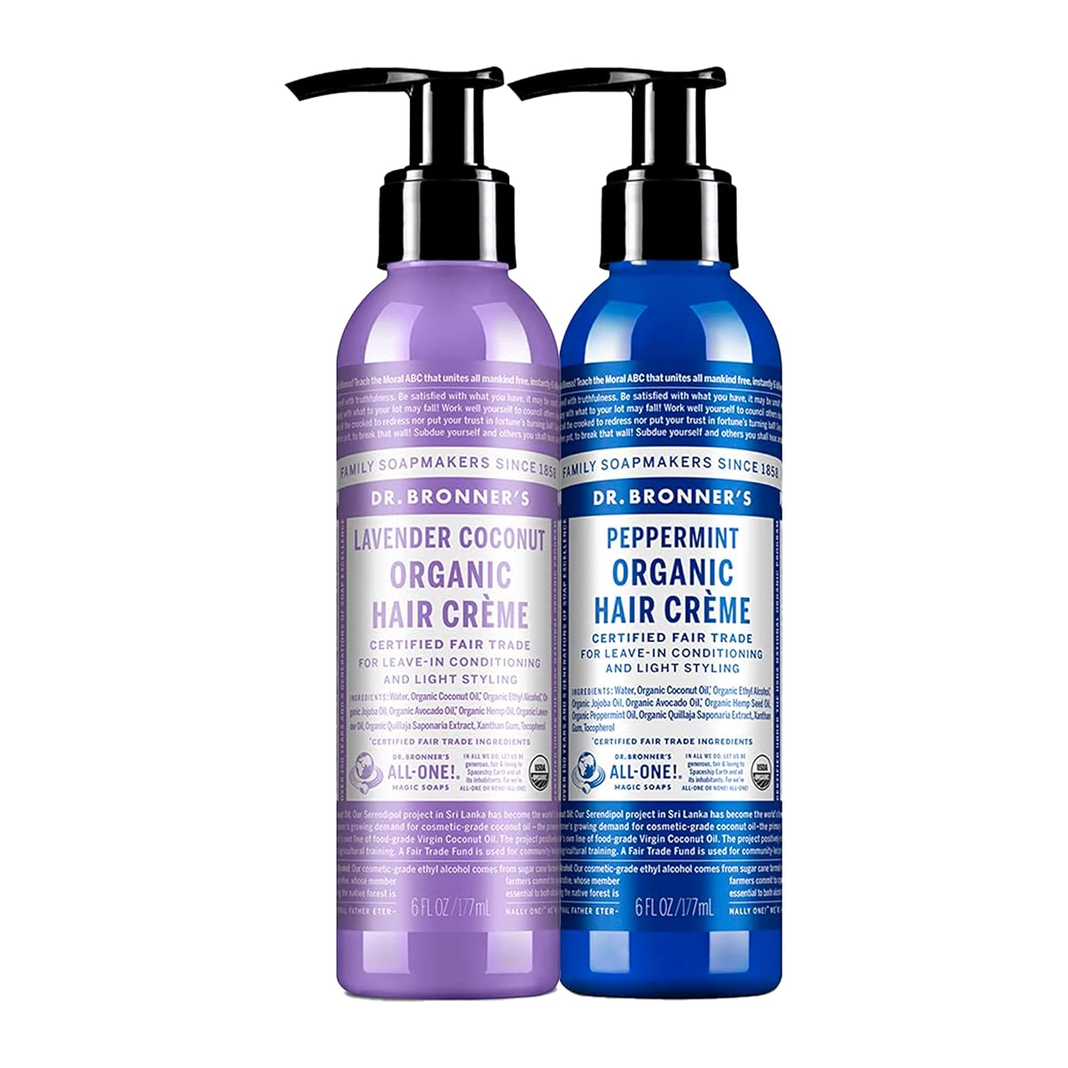 Dr. Bronner's - Organic Hair Crème (6 oz Variety Pack) Lavender Coconut & Peppermint - Leave-In Conditioner and Styling Cream, Made with Organic Oils, Hair Cream Supports Shine and Strength, Nourishes Scalp, Non-GMO | 2 Count