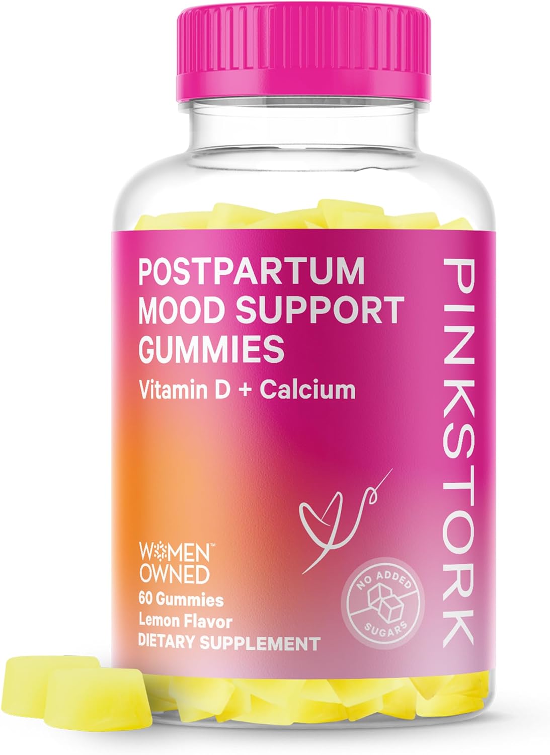 Pink Stork Postpartum Mood Support Vitamin D Gummies - Natural Hormone Balance For Women With Postnatal Vitamin D3 And Calcium - Postpartum Essentials For Breastfeeding - 60 Lemon Drop Gummies