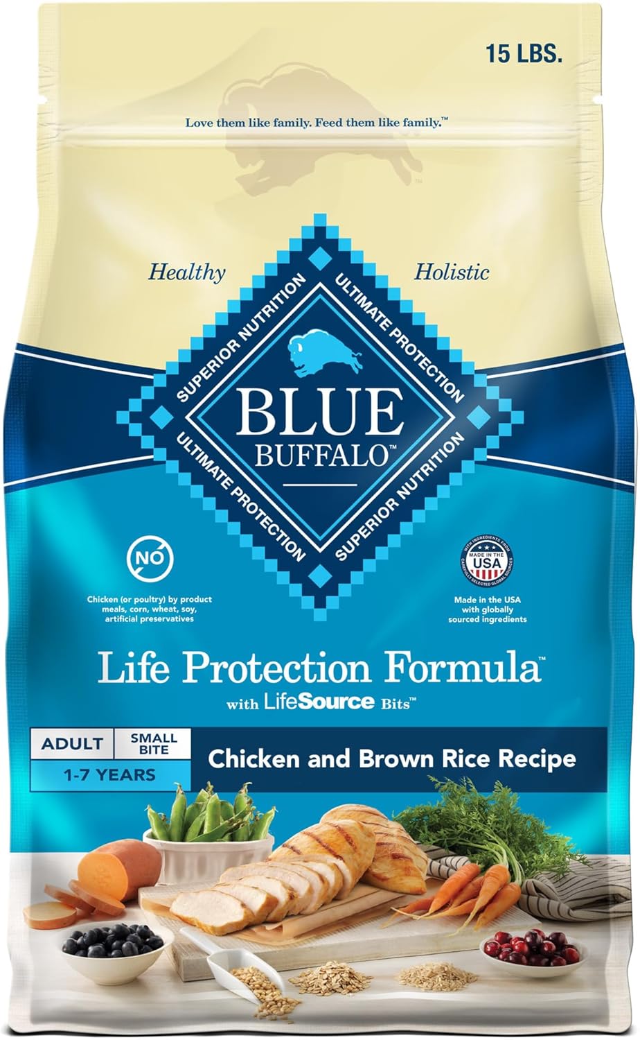 Blue Buffalo Life Protection Formula Adult Small Bite Dry Dog Food, Helps Build And Maintain Strong Muscles, Made With Natural Ingredients, Chicken & Brown Rice Recipe, 15-Lb. Bag