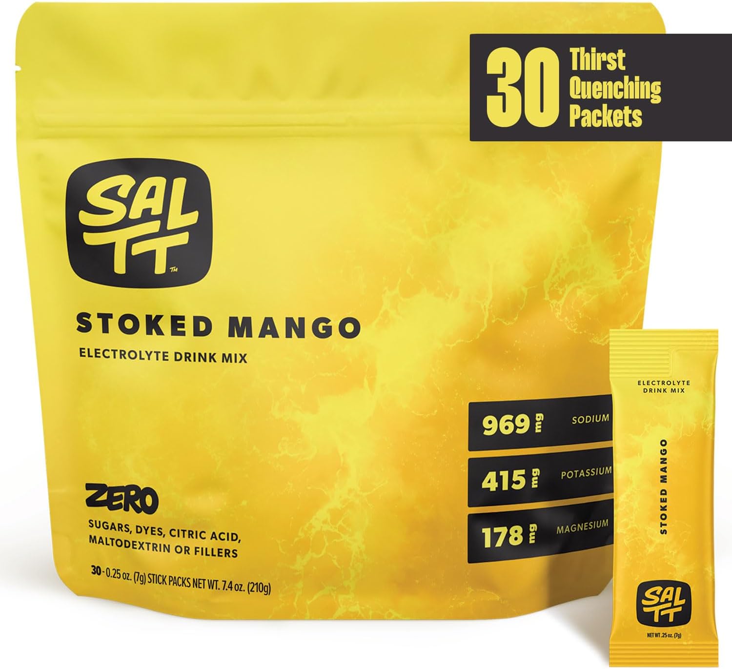 Saltt Electrolytes Powder Flavored Drink Mix - Stoked Mango - 30 Hydration Packets - Magnesium, Potassium, Sodium, Trace Minerals - Zero Sugar & Gluten Free - Travel Essentials - By Keto Chow