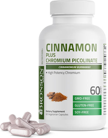 Bronson Cinnamon Plus Chromium Picolinate Supplement, High Potency Chromium, Non-Gmo, 60 Vegetarian Capsules