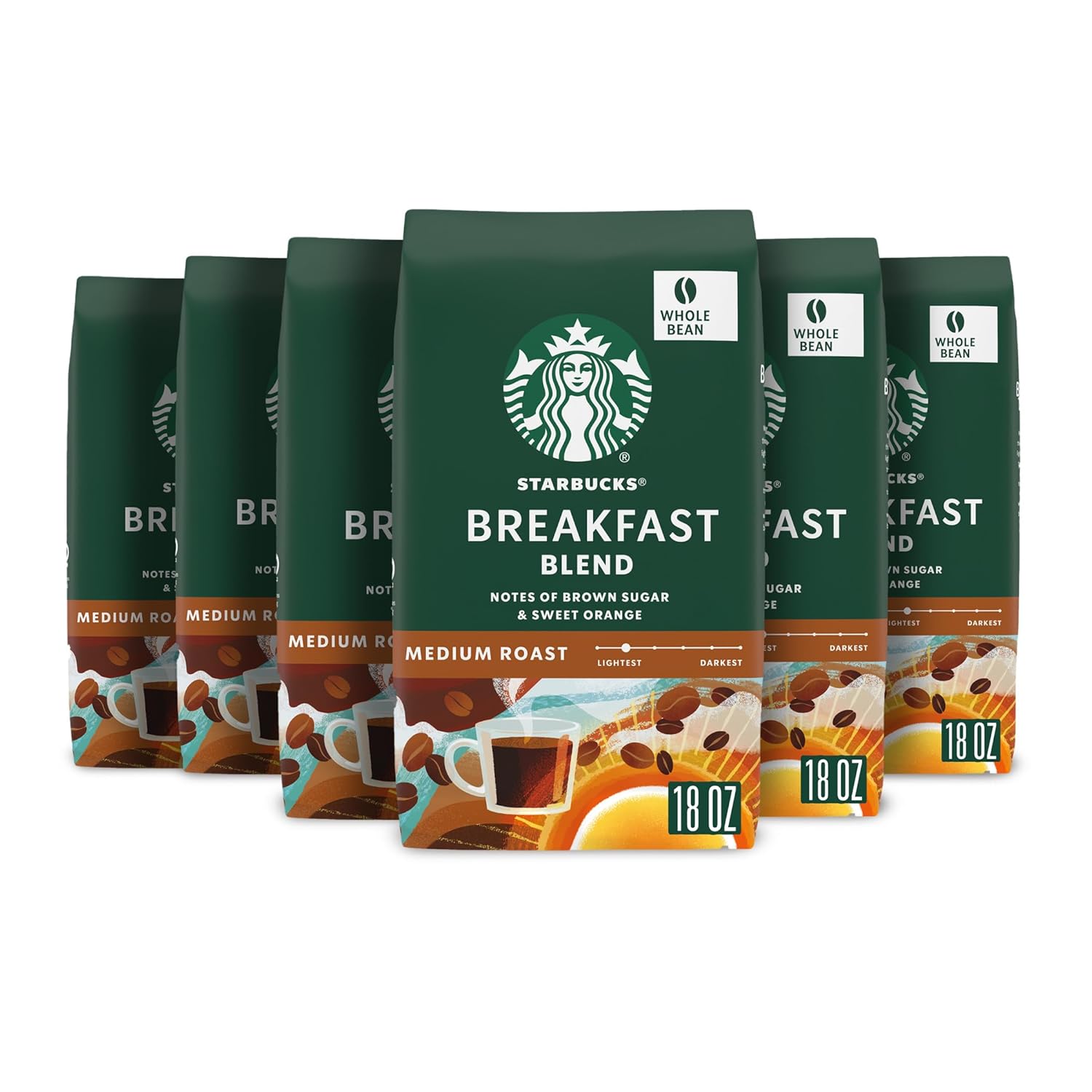Starbucks Medium Roast Whole Bean Coffee — Breakfast Blend — 100% Arabica— 6 bags (18 oz. each)