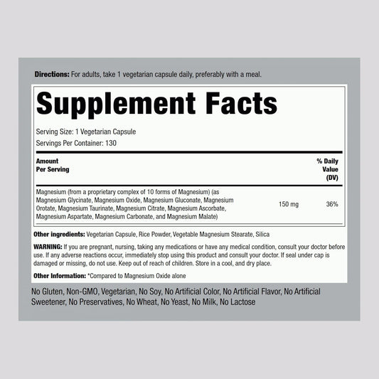 Piping Rock Magnesium 10 In One Complex | 130 Vegetarian Capsules | Non-Gmo, Gluten Free Supplement