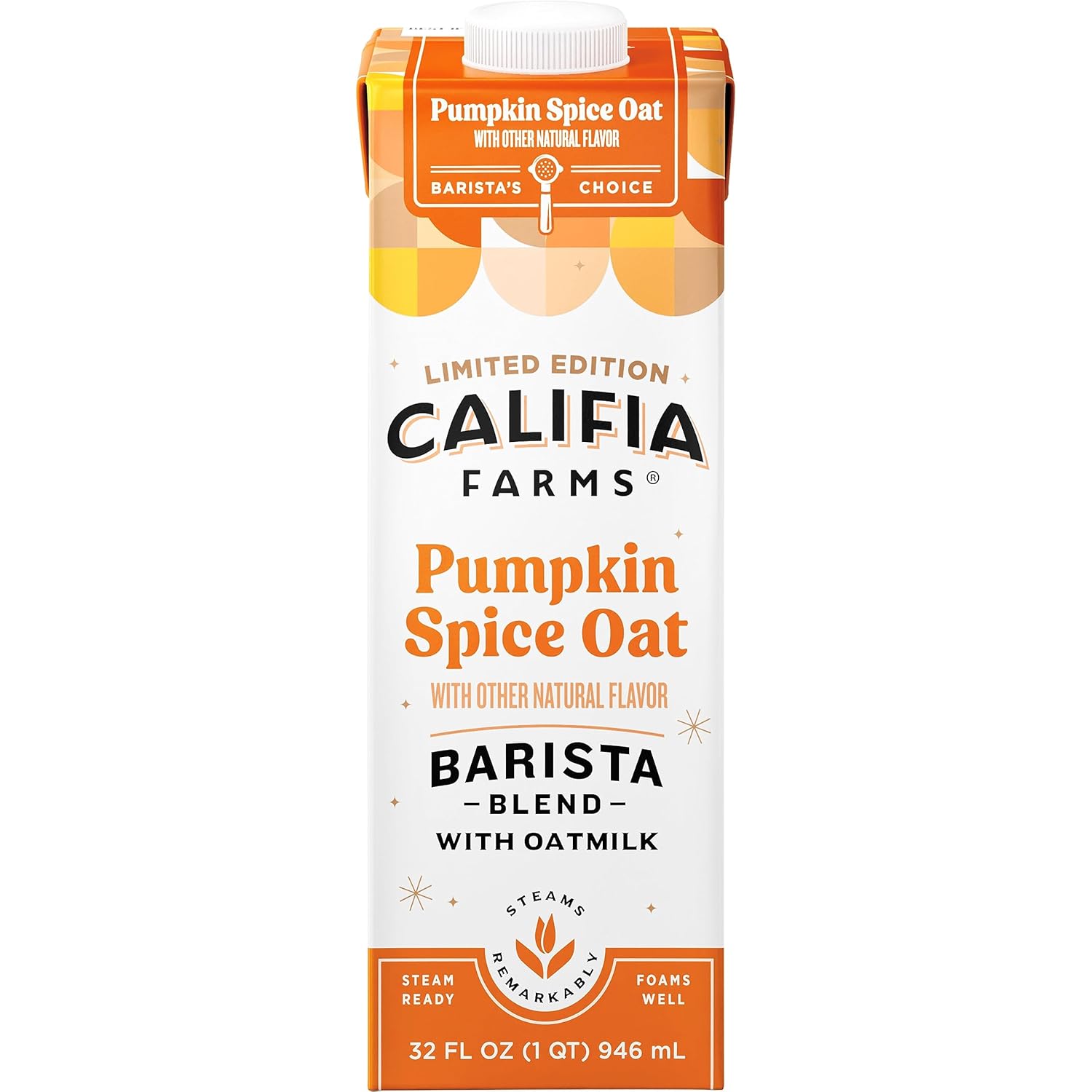 Califia Farms - Pumpkin Spice Oat Barista Blend Oat Milk, 32 Oz, Shelf Stable, Dairy Free, Plant Based, Vegan, Gluten Free, Non Gmo, High Calcium, Milk Frother, Creamer, Oatmilk