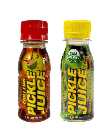 Pickle Juice Sports Drink Multi Pack - Extra Strength Regular & Chili Lime Shots - Electrolyte Pickle Juice Shots For Day & Night Time Cramp Relief - Pickle Juice For Leg Cramps - 2.5Oz, 24 Units