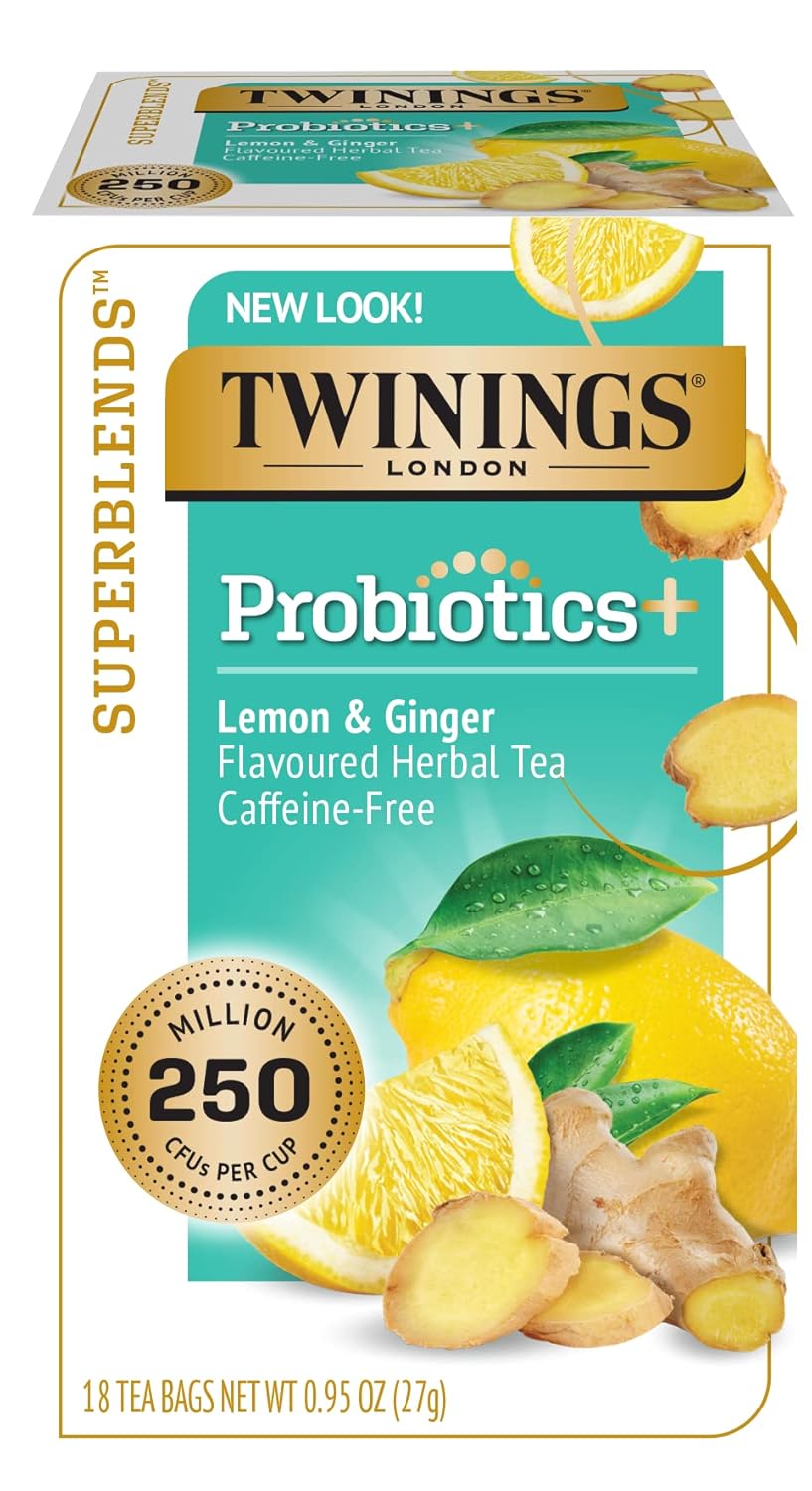 Twinings Superblends Probiotics+ Lemon & Ginger Flavoured Herbal Tea With Turmeric, Caffeine-Free, 18 Tea Bags (Pack Of 6), Enjoy Hot Or Iced