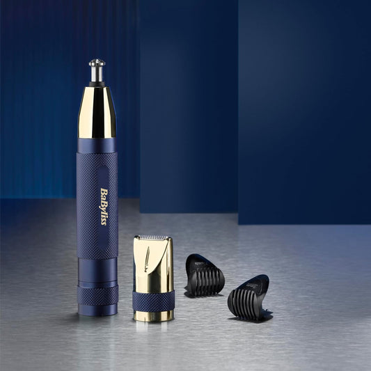 Babyliss Super-X Metal Series Nose Trimmer, Ear Eyebrow Hair Trimmer For Men, Grooming Kit, Gifts For Men (Gold/Blue)