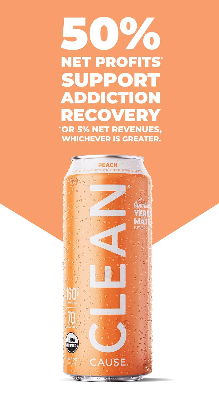 Clean Cause Low Calorie Peach Usda Organic Sparkling Yerba Mate Tea (16Oz Cans, 12-Pack Case) Low Sugar, 160Mg Caffeine, Healthy Alternative To Soda & Energy Drinks