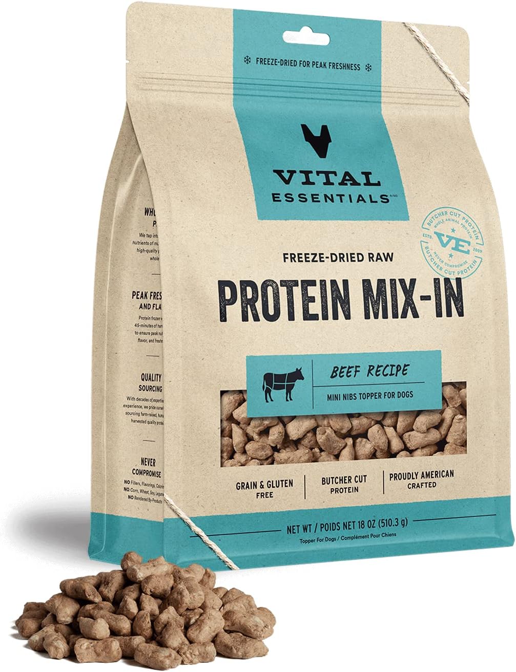 Vital Essentials Freeze Dried Raw Protein Mix-In Dog Food Topper, Beef Mini Nibs Topper For Dogs, 18 Oz