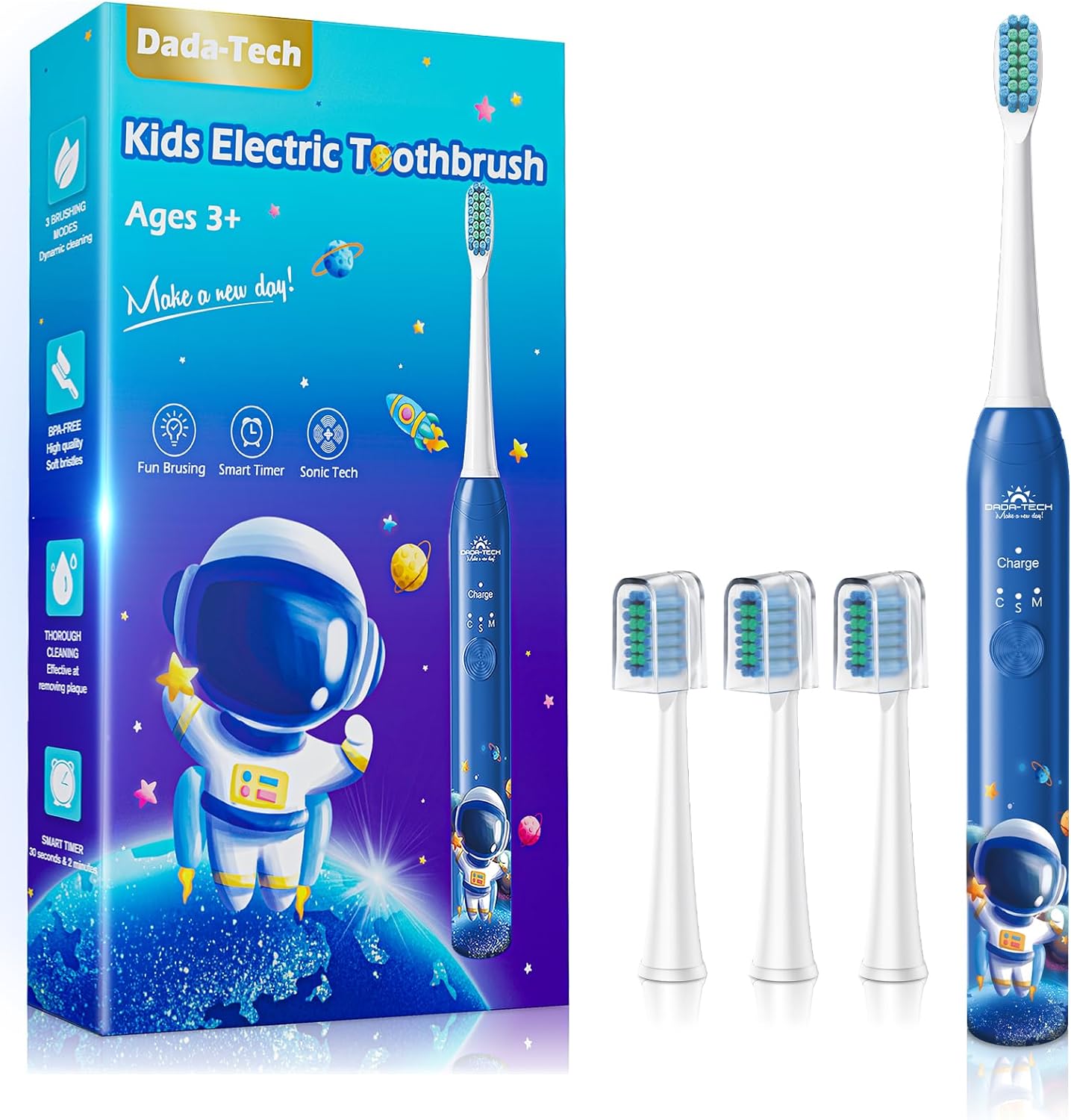 DADA-TECH Kids Electric Toothbrush Rechargeable, Soft Tooth Brush with Timer Powered by Sonic Technology for Children Boys and Girls Age 3+, Waterproof and 3 Modes (Astronaut Blue)