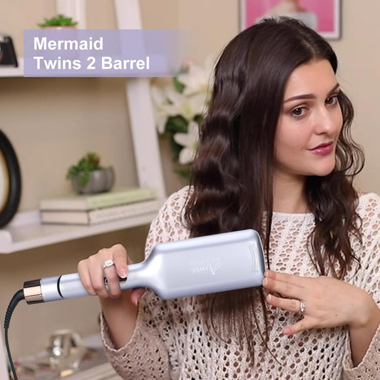 32Mm (1.25") Aima Beauty Twins Mermaid Shallow Waves Hair Waver,Anti-Scald Hair Crimper,Beach Wave Curling Iron,Curling Wand 2 Barrel (Purple) 15S Heats Up For Medium Short/Long Hair