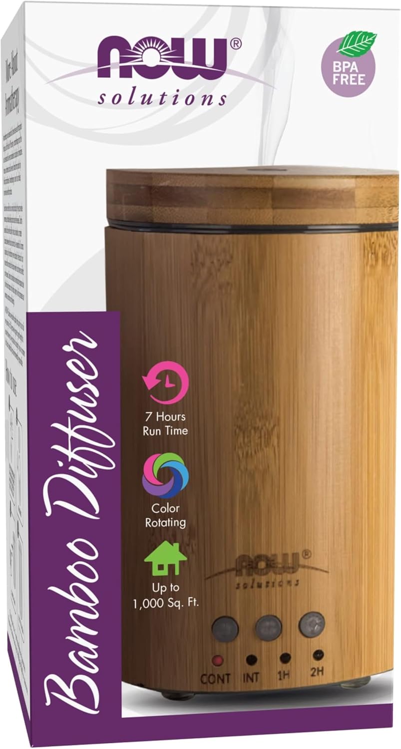 Now Essential Oils, Ultrasonic Real Bamboo Aromatherapy Oil Diffuser, Extremely Quiet, Heat Free And Easy To Clean, Color Changing Led Diffuser