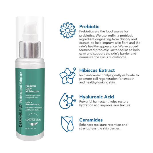 Dermablend Prebiotic Daily Moisturizer 3 Fl Oz, Lightweight Moisturizer With All-Day Hydration, Prebiotic Inulin, Probiotics & Hyaluronic Acid, Ideal For Sensitive Skin, Fragrance-Free Non-Comedogenic