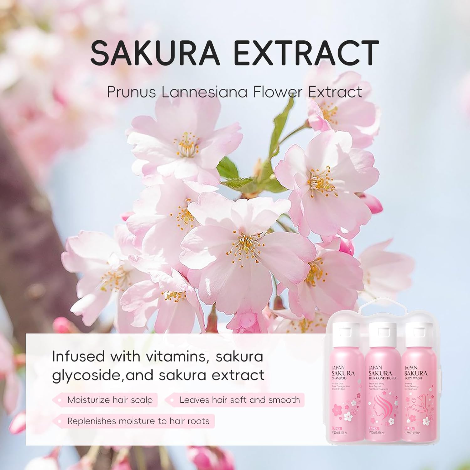 Laikou Sakura Spa Gift Set, Bath & Hair Care Travel Kit, Shampoo, Conditioner & Body Wash, Hydrating, Nourishing & Gentle For All Skin & Hair Types, Christmas Birthday Gifts For Women Teenage Girl