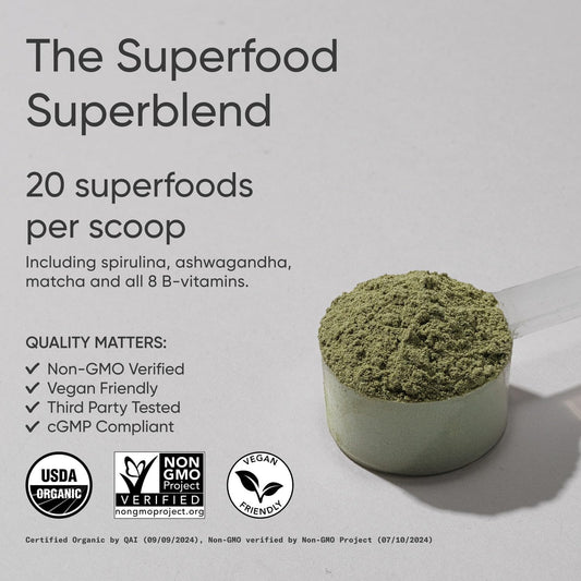 Sports Research® Organic Greens Superfood Powder W/Spirulina & Chlorella, Adaptogens, Enzymes, Probiotics & 8 Vit Bs For Gut & Mood Support* - Vegan, Sugar-Free & Low-Cal Original 30 Servings