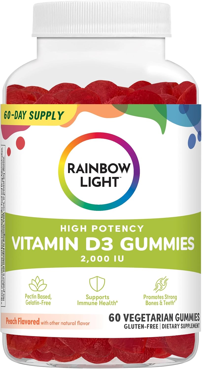 Rainbow Light Vitamin D Gummies, High Potency Vitamin D3 2,000Iu Immune Health Support, Helps Support Strong Bones & Teeth, Gluten Free, Vegan, Peach, 60 Gummies