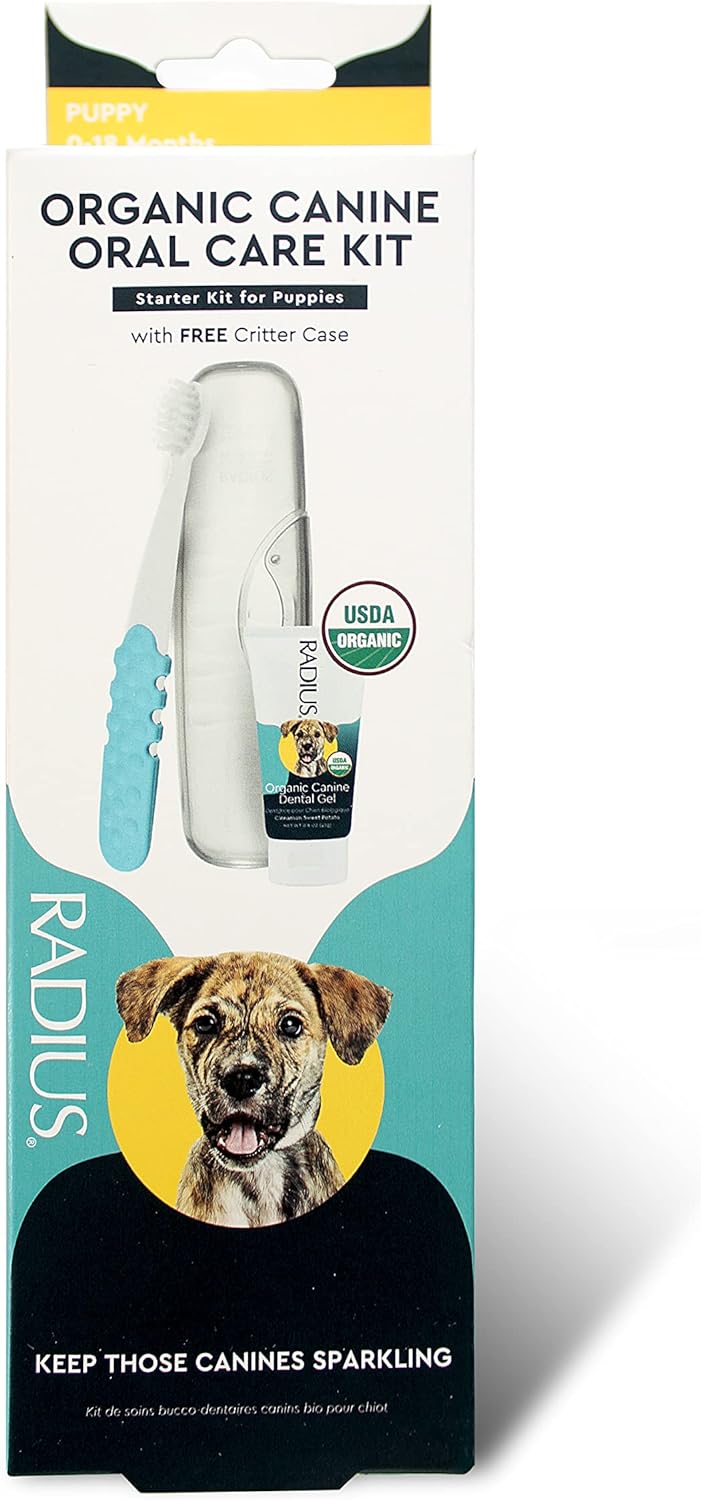 RADIUS USDA Organic Dental Solutions Puppy Kit 1 Unit, 1 Dog Toothbrush & 1 0.8oz Toothpaste, Ultra Soft Bristle & Non Toxic Toothpaste for Dogs, Designed to Clean Teeth, Xylitol Free