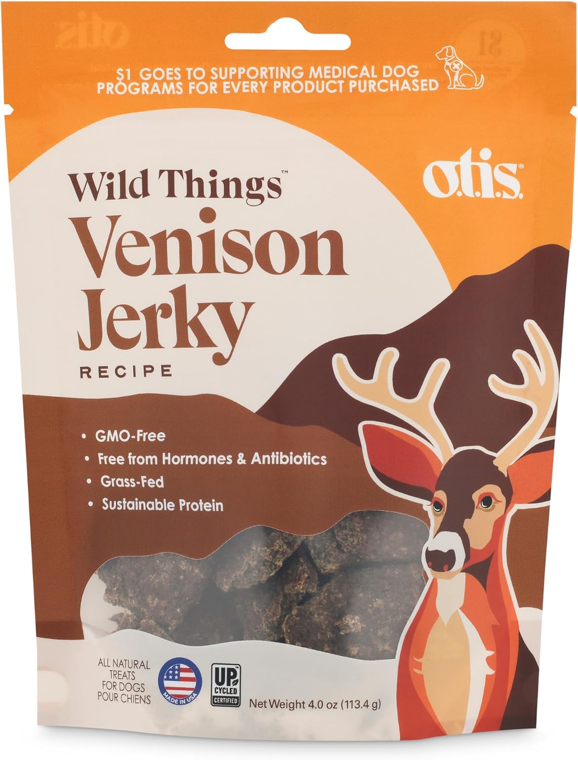 Otis Venison Jerky For Dogs | Protein Packed, Pasture-Raised, Grass-Fed Venison Jerky Dog Treats Healthy Dog Treats - Wild Things | 4 Ounce Bag