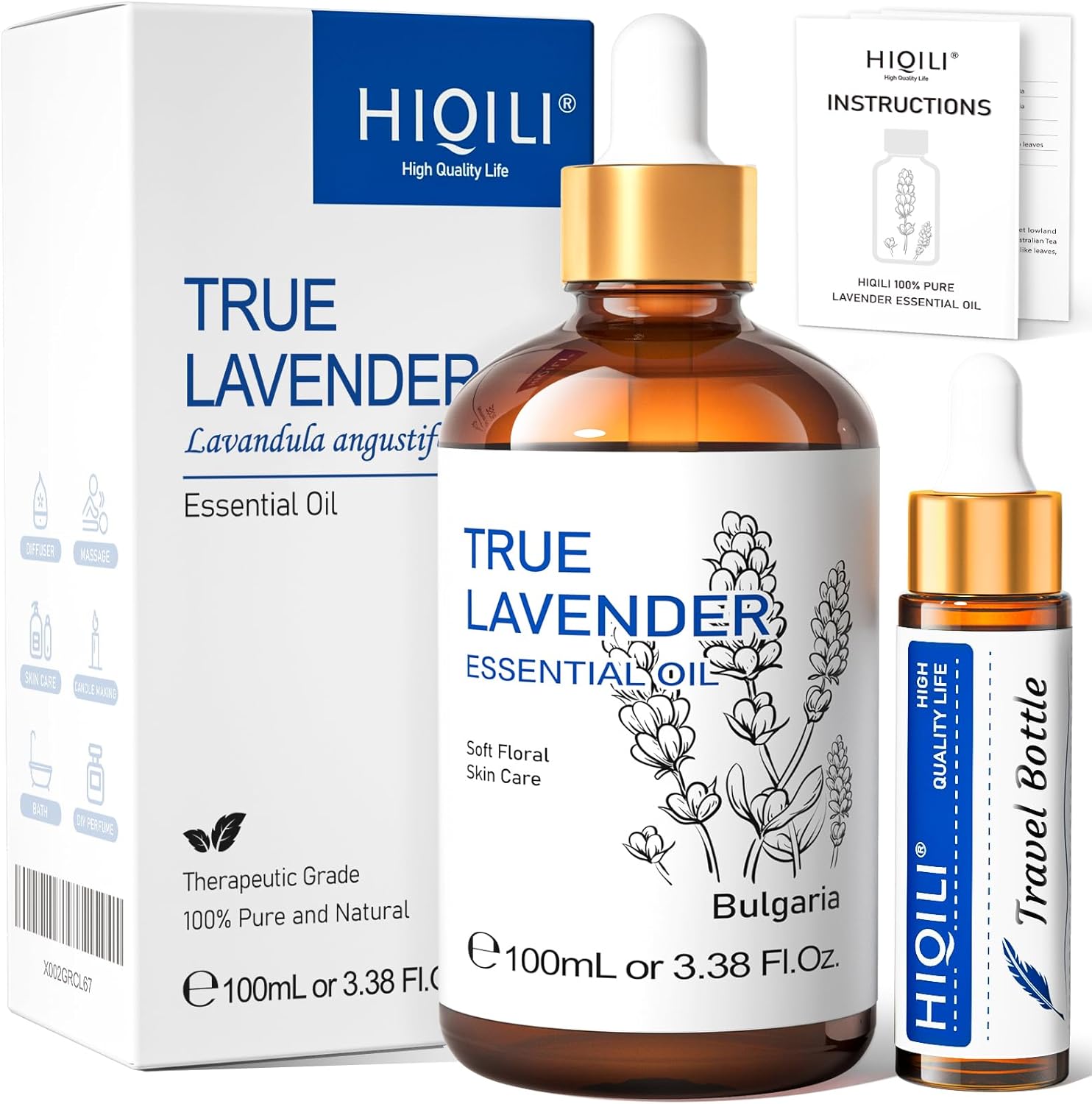 HIQILI 100ML Lavender Essential Oil Pure, 100% Natural for Skin Care, Diffuser?Includes 10ML Travel Bottle - 3.38 Fl Oz
