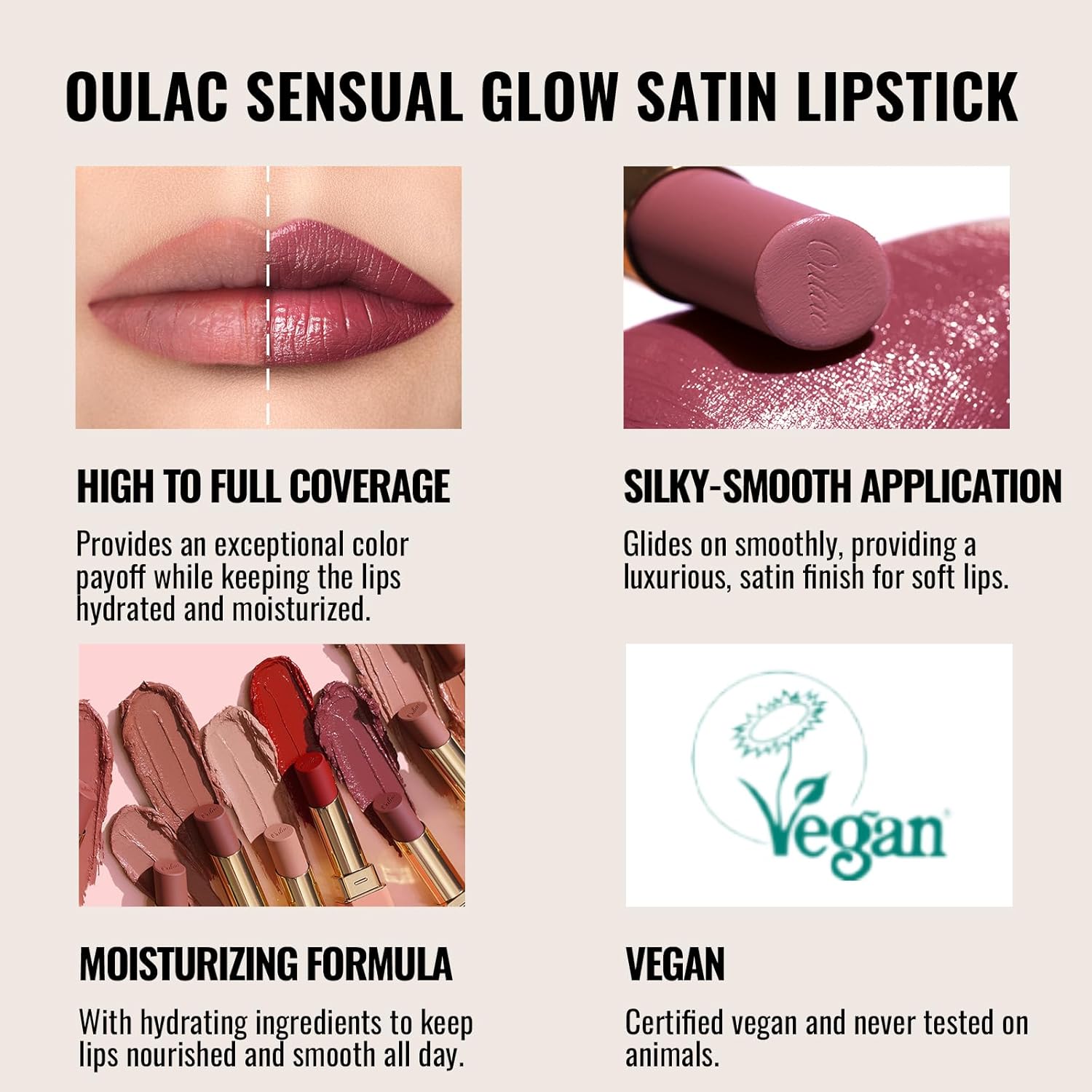 Oulac Color Rich Satin Lipstick - Light Brown Full Coverage Lip Color, Creamy Silky-Smooth, Moisturizing, Satin Matte Finish, Infused With Shea Butter, Vegan & Clean Beauty, 4G, Sg10 Bailey : Beauty & Personal Care